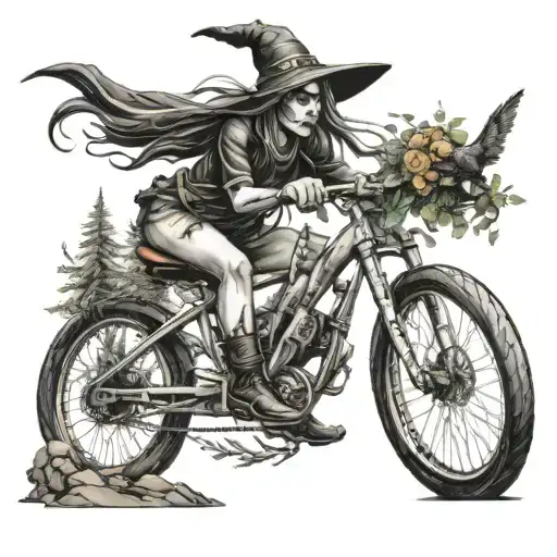 Female Witch Riding Mountain Bike Whimsical Scene