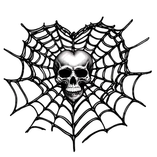 Black And White Heart Shaped Spider Web With Skull