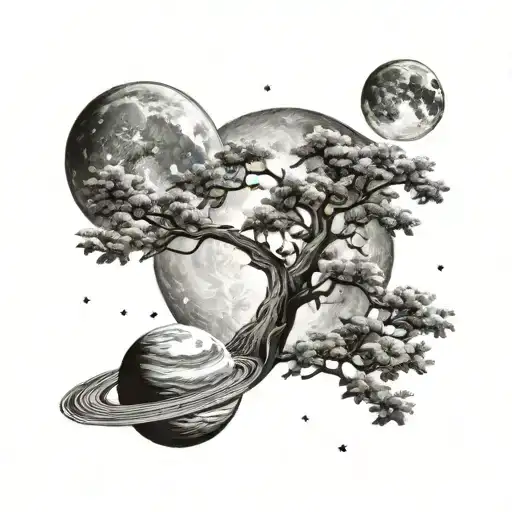 Tree And Moon In Space Flies Past The Planets