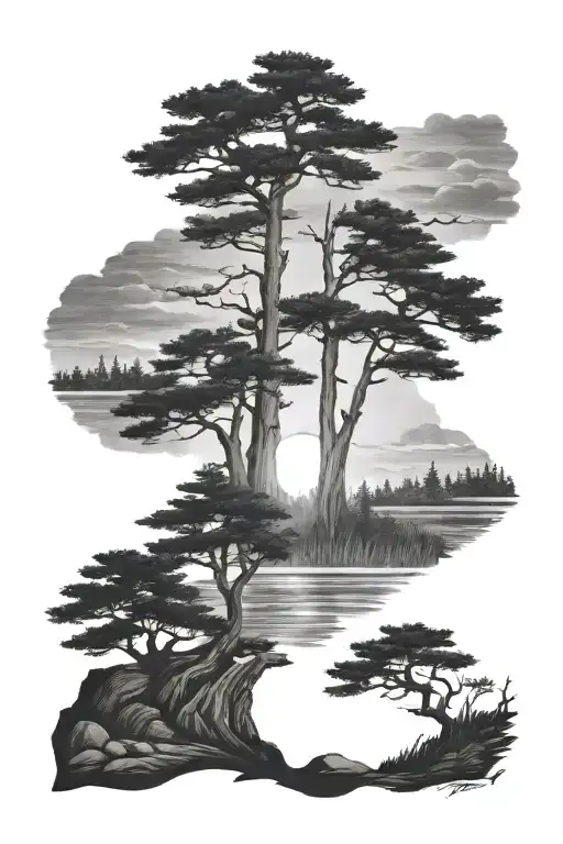 6 Cedar Trees Behind A Pond Under A Rising Sun