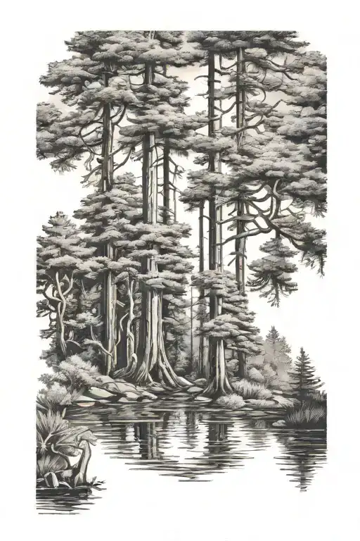 6 Redwood Trees Behind A Pond Under A Shining Sun