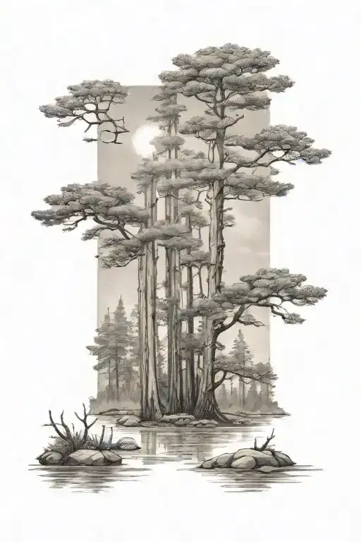 6 Redwood Trees Behind A Pond Under A Shining Sun