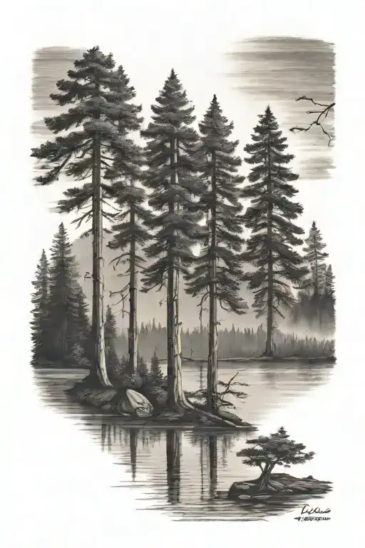 6 Redwood Trees Of Different Sizes Behind A Lake Under A Shining Sun