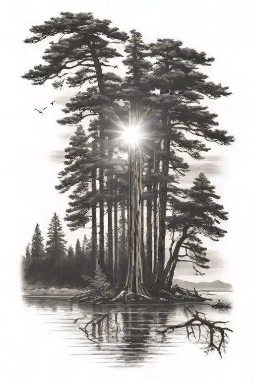 6 Redwood Trees Of Different Sizes On A Lake Shore Under A Shining Sun