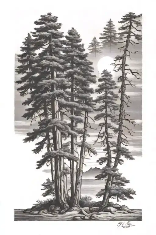 6 Redwood Trees Of Different Sizes On A Sandy Lake Shore Under A Shining Sun