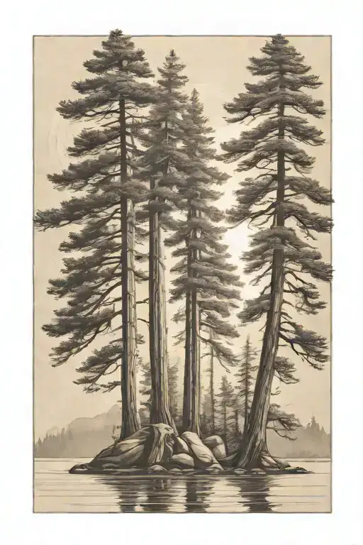 6 Redwood Trees Of Different Sizes On A Smooth Lake Shore Under A Shining Sun