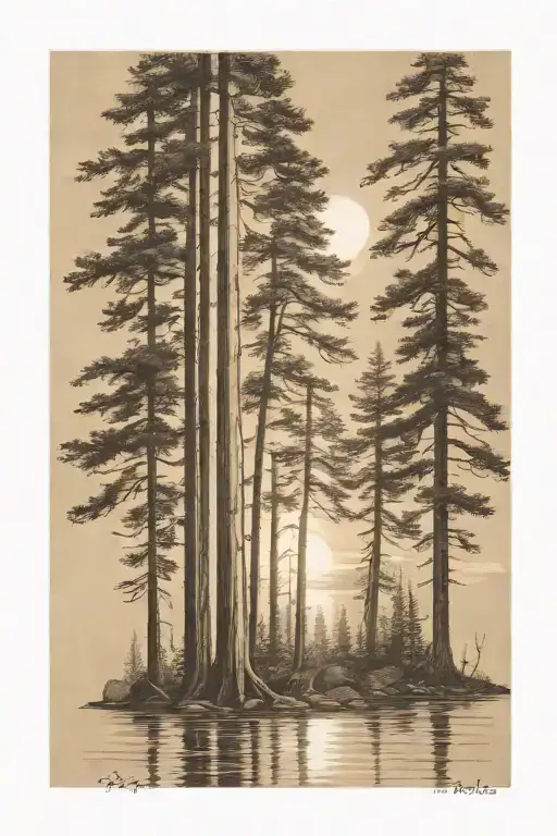 6 Redwood Trees Of Different Sizes On A Lake Shore Under A Shining Sun