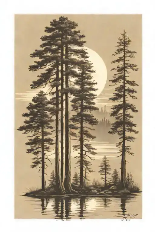 6 Redwood Trees Of Different Sizes On A Pond Under A Shining Sun