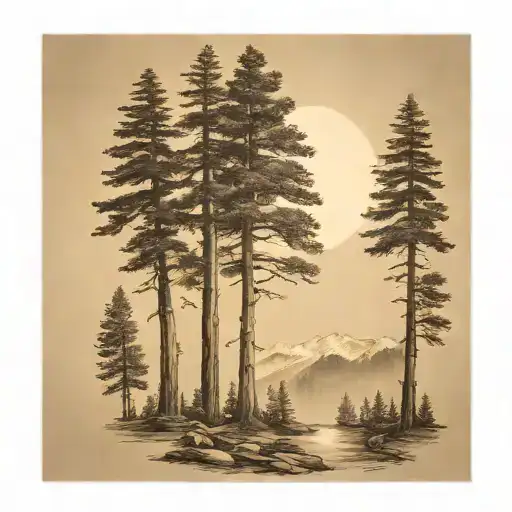 6 Redwood Trees Of Different Sizes In Large Mountains Under A Shining Sun