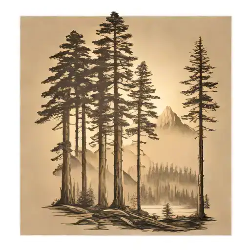 6 Redwood Trees At The Base Of A Large Mountain Range Under A Shining Sun