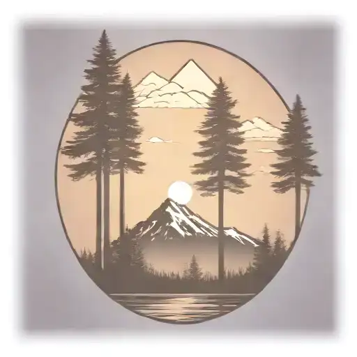 6 Redwood Trees At The Base Of A Large Mountain Range Under A Shining Sun