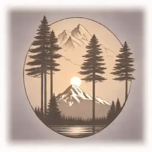 6 Redwood Trees At The Base Of A Large Mountain Range Under A Shining Sun