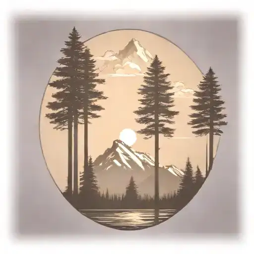 6 Tall Cedar Trees At The Base Of A Large Mountain Range Under A Shining Sun