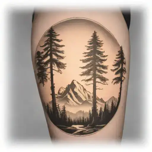 6 Tall Cedar Trees At The Base Of A Large Mountain Range Under A Shining Sun