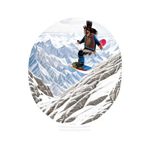 A Native American-inspired Design Featuring A Snowboarder Gliding Down A Snowy Mountain