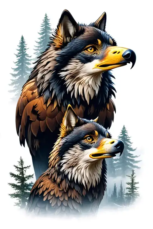 Wolf And Eagle With Forest Background