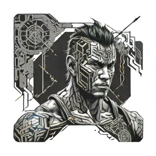 Create A Tattoo Design Of A Warrior In The Octagon With Computer Code Flowing Around Them