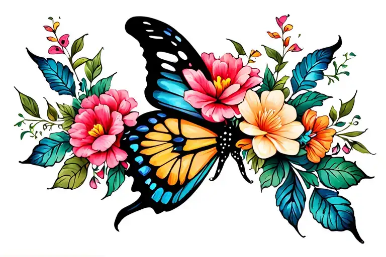 Butterfly With Tribal Band And Flowers Intertwined In Color
