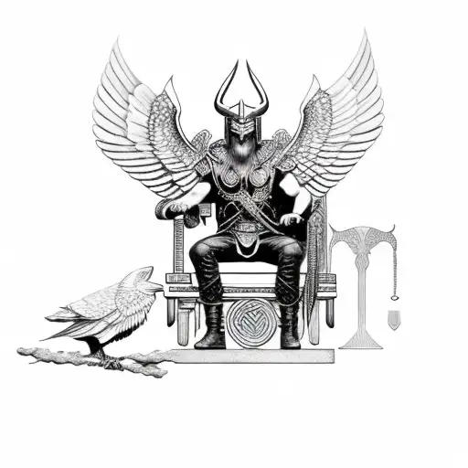 Norse God Odin Sitting In A Chair With A Valkyrie And Raven