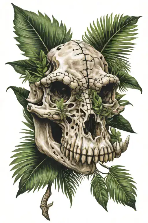 Realistic Alligator Skull With Palmetto Plant At Base Of Skull