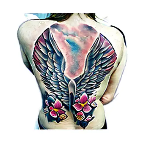 Angel Wings And Flowers Tattooed On Back