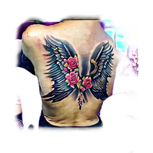 Angel Wings And Flowers Tattooed On Back
