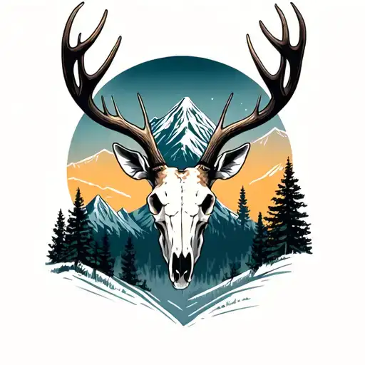 Mountains And Trees And Elk Skull With Antlers