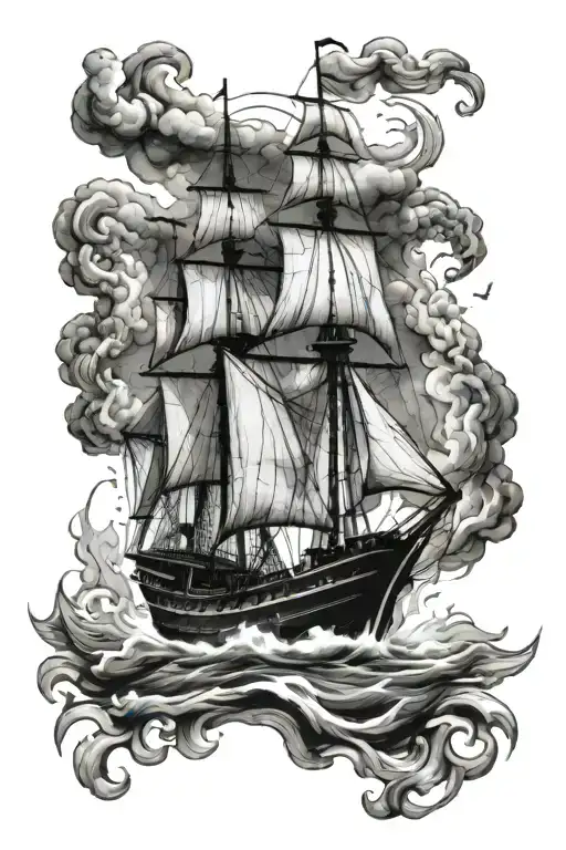 Front View Of Black And White Roman Sail Boat Burning