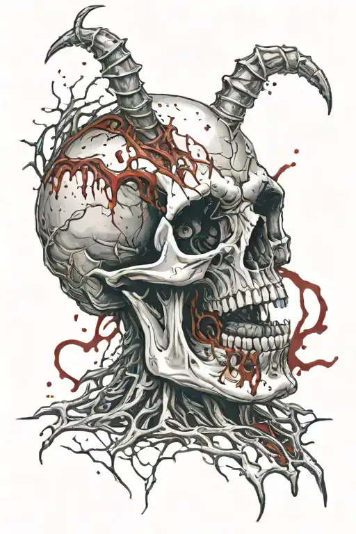 Realistic Dark Demon Alien Skull With Splatter Of Blood