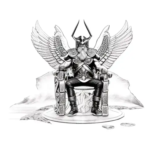 Norse God Odin Sitting In A Chair With A Valkyrie And Raven