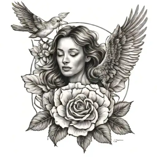 Woman And Bird Flying With Floral