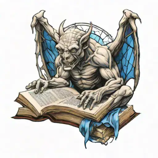 A Realistic Portrayal Of A Gargoyle Reading A Book Surrounded By Stain Glass Windows