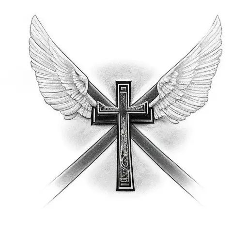 Back Spine Tattoo Of A Cross With Wing And A Full Greek Scene Below