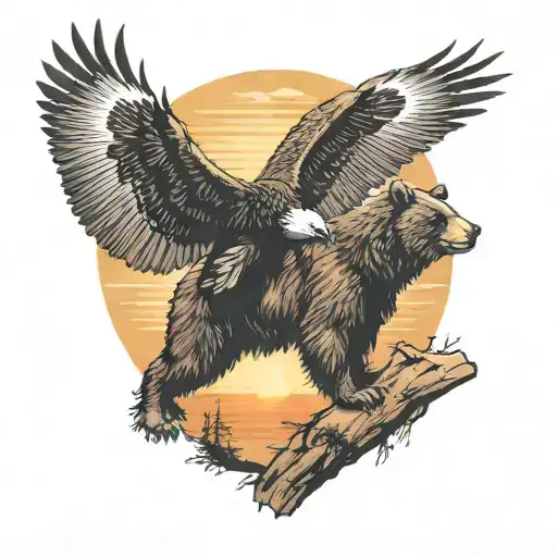 Bear And Eagle In Sunset Background