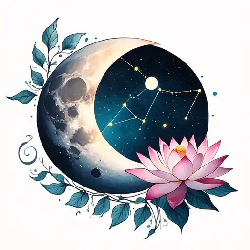 Sagittarius Constellation Intertwined With Winning Gibbous Moon And Lotus Flower