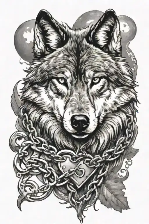 Wolf With A Chain Around Its Neck In The Shape Of A Heart