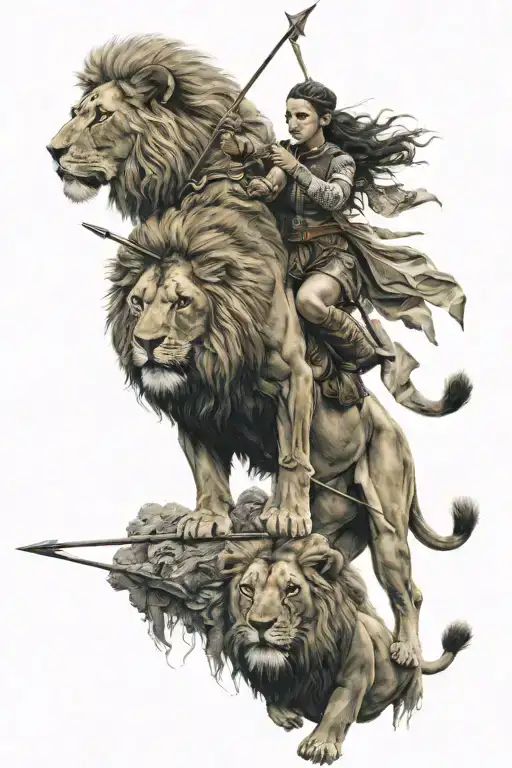 Woman With Bow And Arrows Riding On Lion Back Sitting