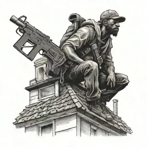 Black Figure Sitting On Top Of A Roof Holding A Shotgun