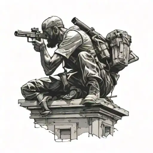 Black Figure Sitting On Roof Holding A Gun