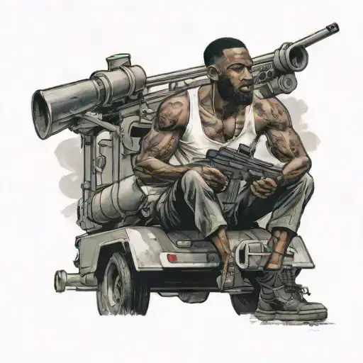 Black Man Sitting On Trailer Roof With A Tank Top On Holding A Shotgun