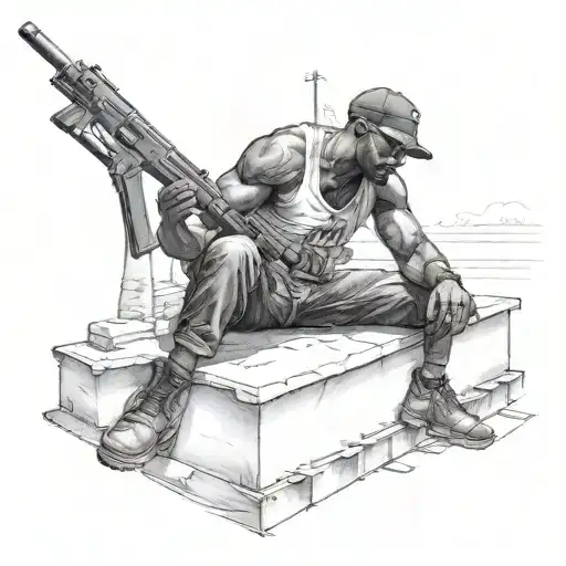 Black Man Sitting On Roof Wearing A Tank Top Holding A Shotgun