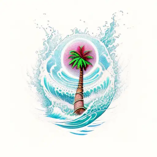 A Palm Tree Shaped Like A Guitar With Waves Crashing Around It