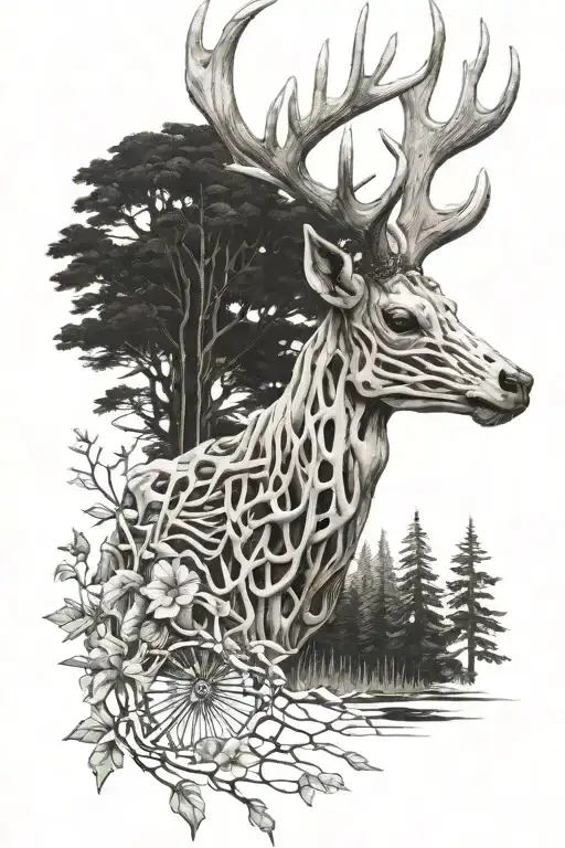Stag Skeleton In Front Of Forest Scene