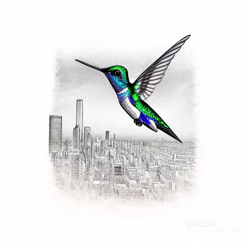 A Sketch Style Hummingbird Flying Through A City Skyline With Serafin Details