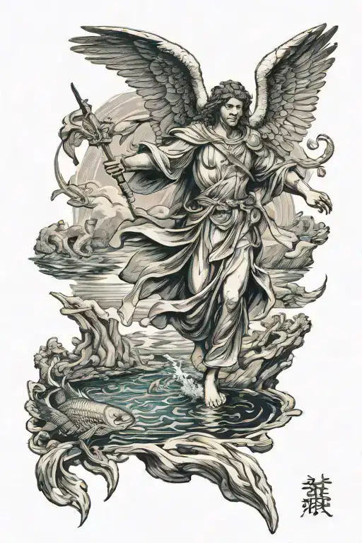 Archangel Raphael Wearing Robe Holding Staff Wings Spread At A River With Fish Jumping In Background