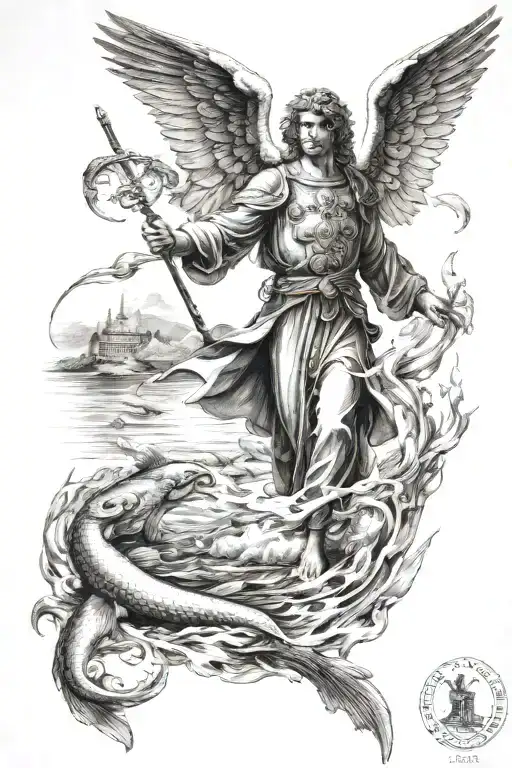 Archangel Raphael Wearing Robe Holding Staff Wings Spread At A River With Fish Jumping In Background