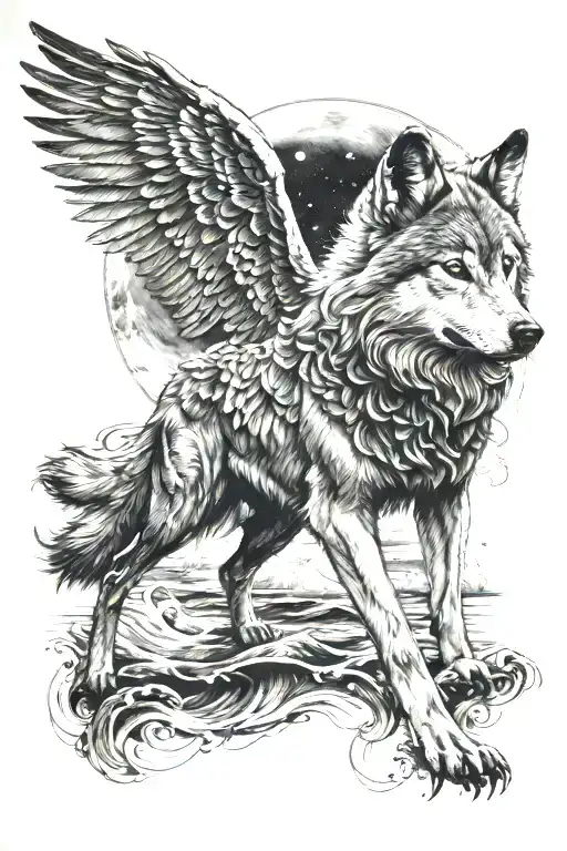 Wolf Dog With Wings And Sea At Back And Moon And Star