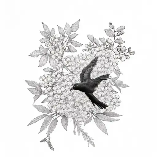 Rowan Tree With Flowers And Berries With A Crow Near A Skull