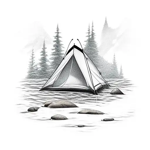 A Fish Jumping Out Of A River With A Camping Tent In The Background