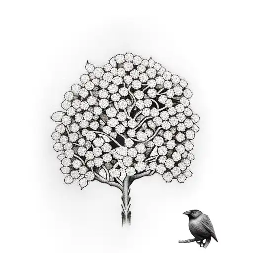 Rowan Tree With Flowers And Berries With A Crow And Skull